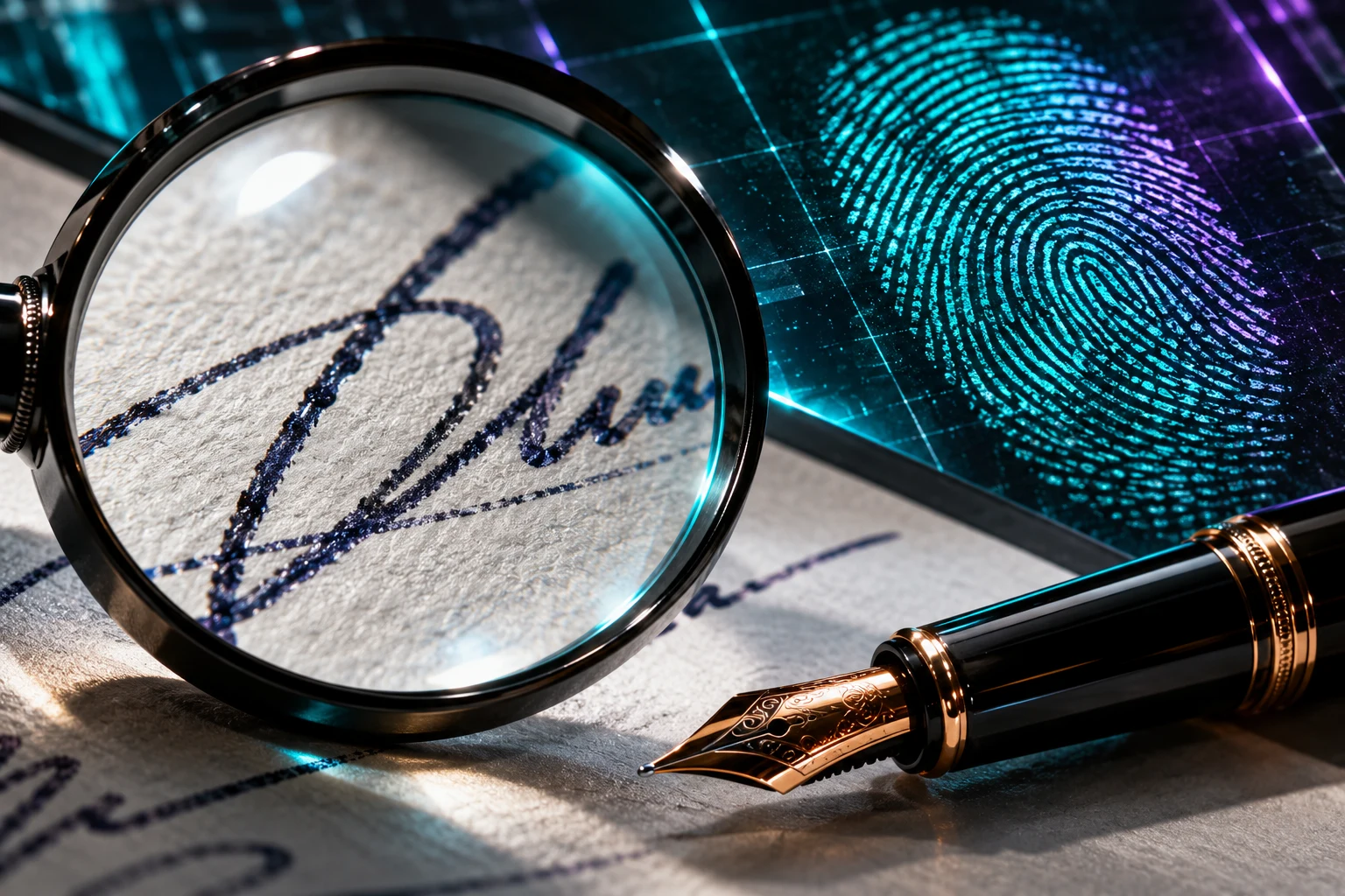 Lupa sobre una firma manuscrita junto a una pluma y una huella